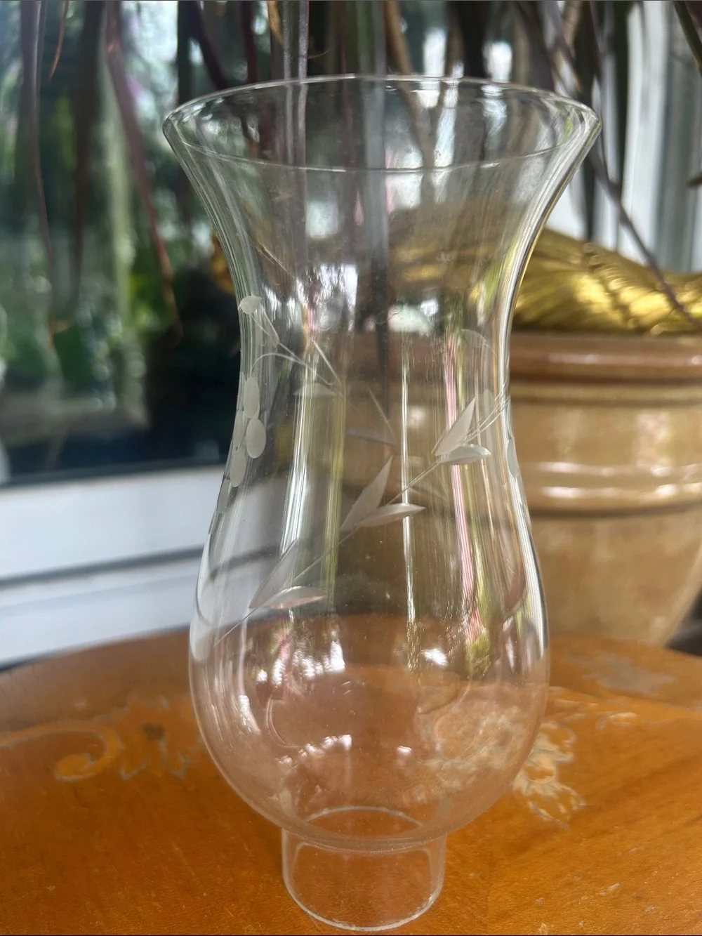 Vintage Clear Etched Glass Hurricane Vase with Grape Motif -